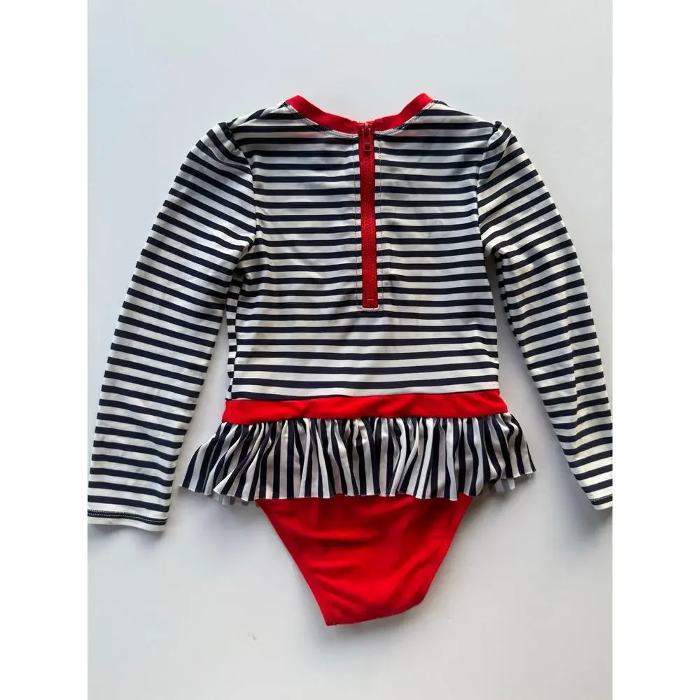 Nautical red black white striped bathing suit 5T snap crotch